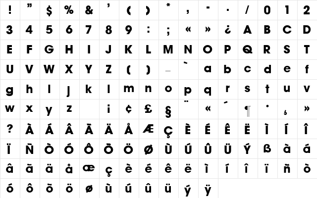 Avant_G-Bold Regular  glyph index