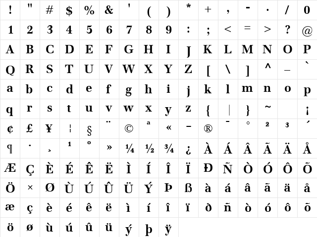 Emona Bold  glyph index