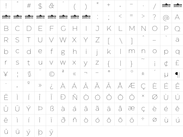 Eastman Trial Extralight  glyph index