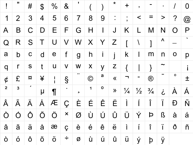 Arial MT Std Regular  glyph index