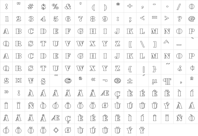Rudy Hollow Wide Regular  glyph index