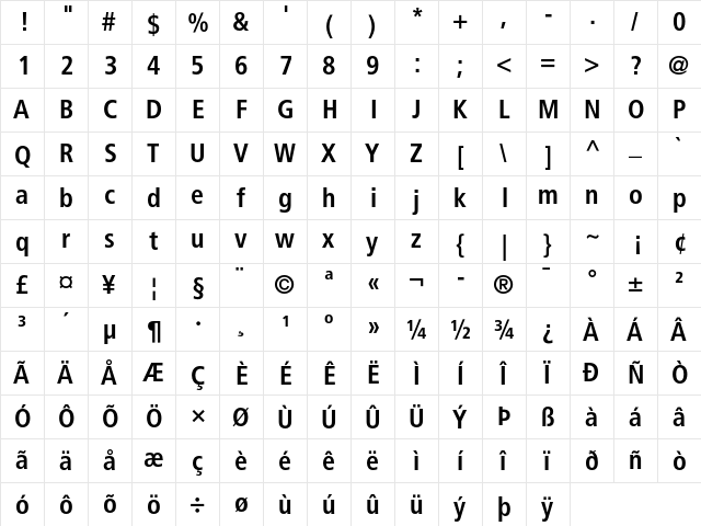 Frutiger 67 Bold Condensed  glyph index