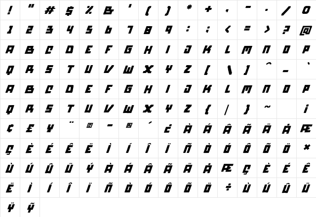 Byorg Italic Regular  glyph index