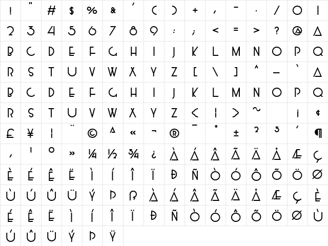 Mossman Bold  glyph index