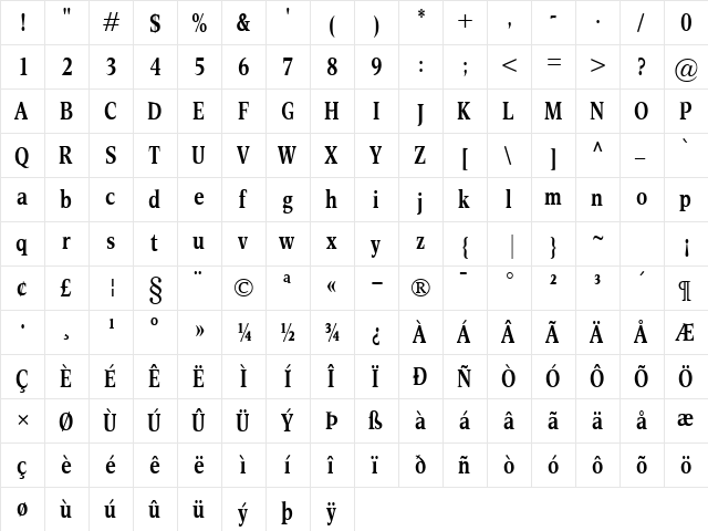 Esperanto Cond Bold  glyph index