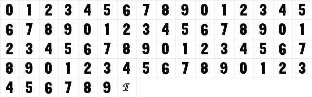 Yardbird Numerals Regular  glyph index
