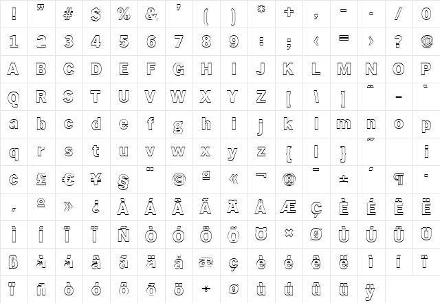 StephenBeckerOutline-ExtraBold Regular  glyph index