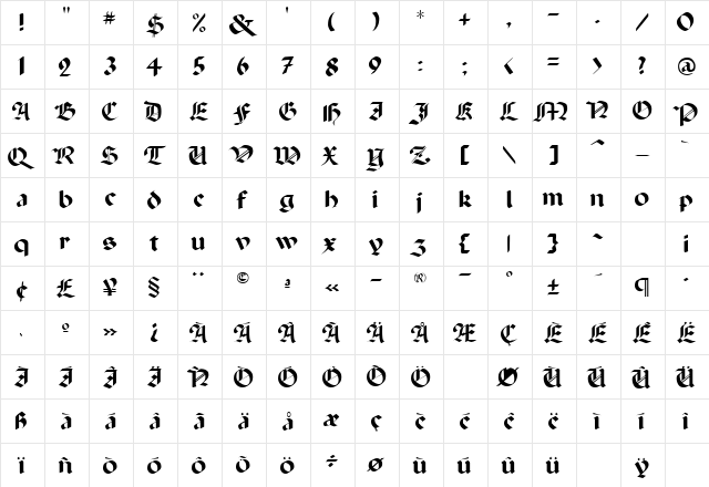 Paganini Regular  glyph index