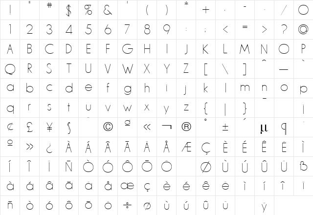 L & C Hairline Regular  glyph index