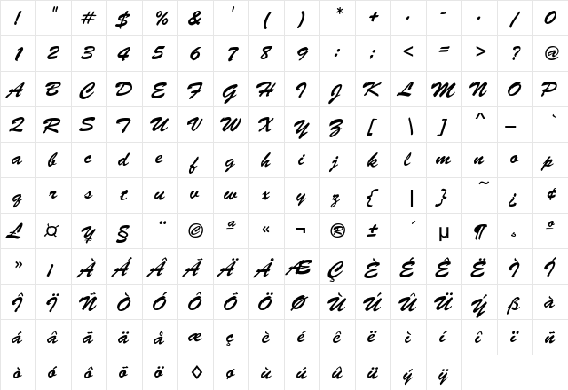 Leenda Italic Lite Italic  glyph index