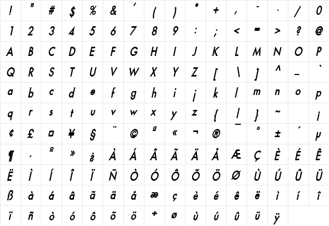 Fusi Condensed Bold Italic  glyph index