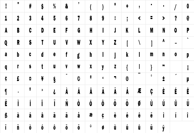 Francis Gothic Thin Normal  glyph index