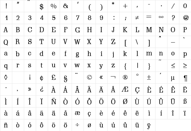 Schadow Regular  glyph index
