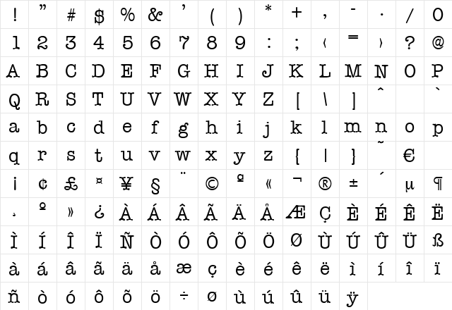 Typewriter-Regular Regular  glyph index