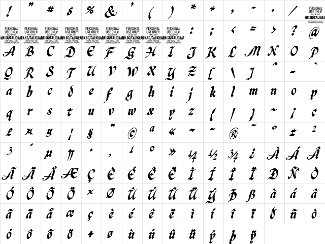Caligraf Black PERSONAL USE Regular  glyph index