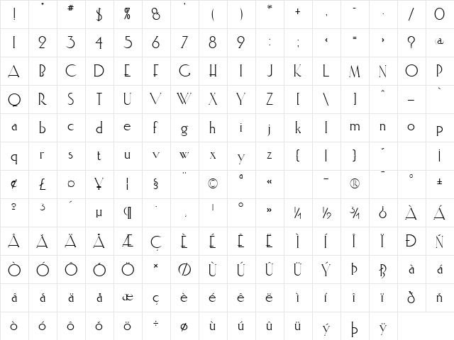 Ballads Regular  glyph index