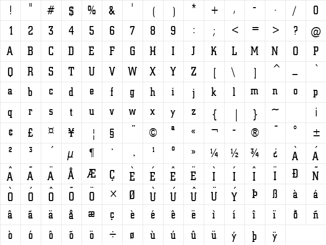 Geo 957 Condensed Normal  glyph index