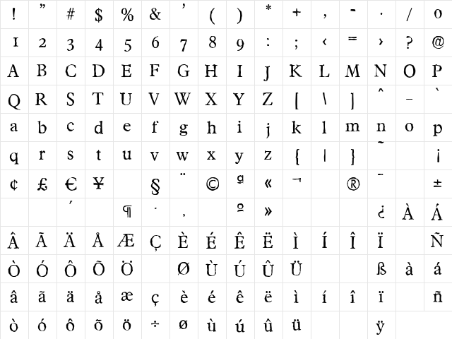 FranciscoAntique Regular  glyph index