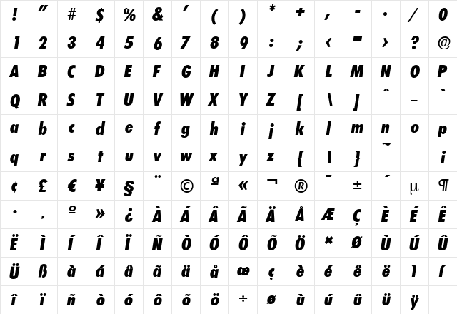 LimerickCdSerial-Xbold Italic  glyph index