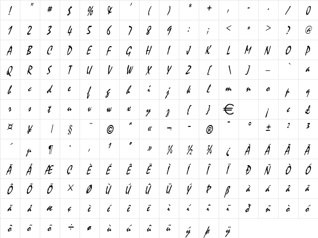 MysticThin Italic  glyph index