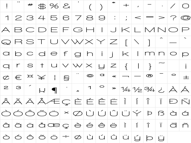 Walkway UltraExpand Bold Regular  glyph index