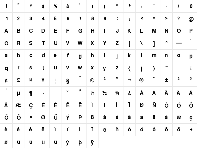 WinSoft Pro Bold  glyph index