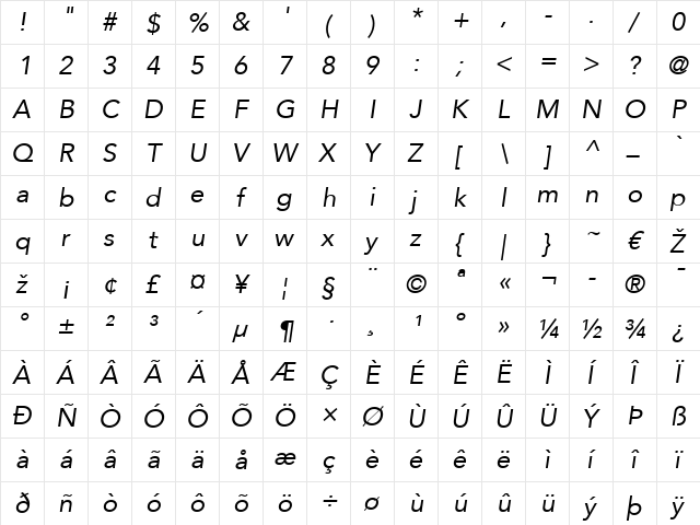 Avenir LT 55 Roman Italic  glyph index