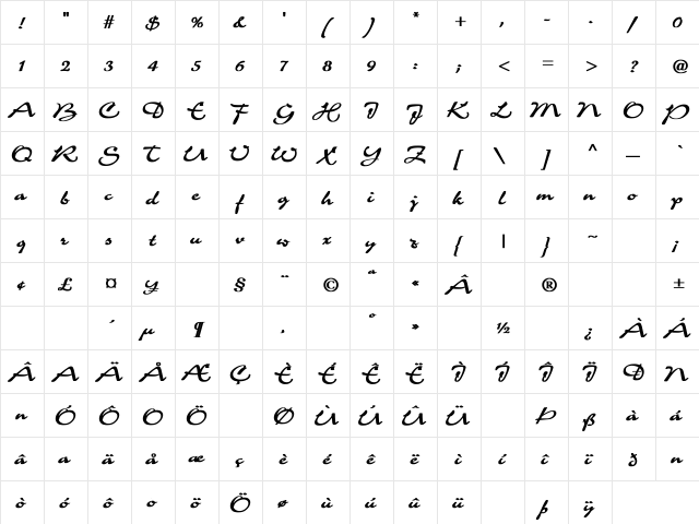 Charme Bold Bold  glyph index