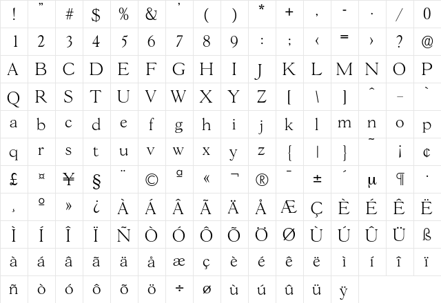 Gascogne-Xlight Regular  glyph index