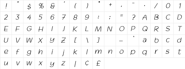Ozone Oblique  glyph index