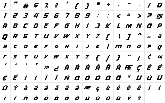 Reflected Italic Regular  glyph index