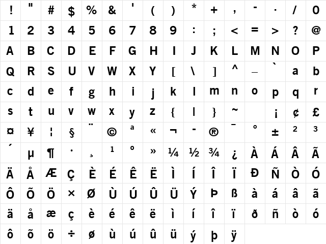 Trade Gothic LT Com Bold No. 2  glyph index