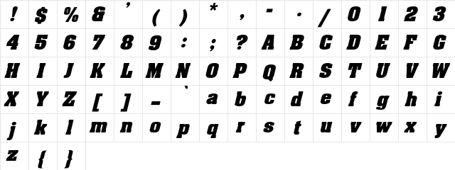 AaronBoldExpd Italic  glyph index