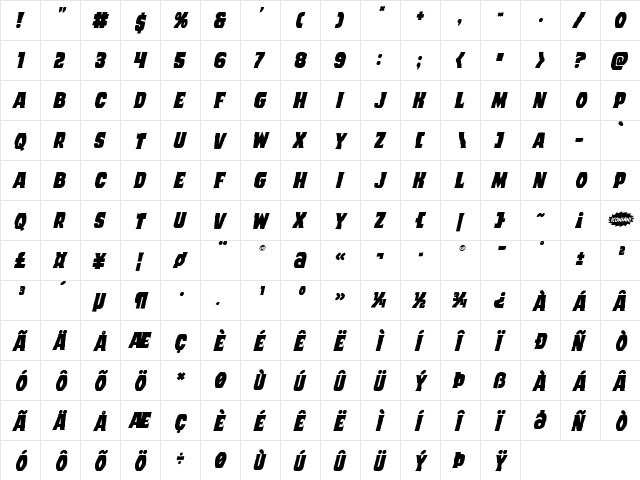 Dusk Demon Italic Regular  glyph index