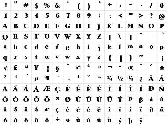 Garava Heavy Regular  glyph index