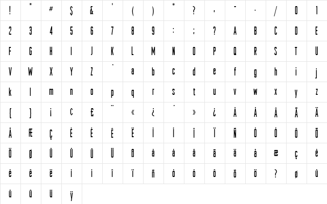 RaleighGothic Regular  glyph index