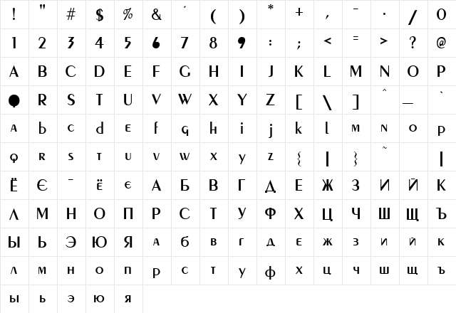 Peignot Normal  glyph index