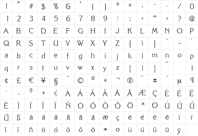 KorinthSerial-Xlight Regular  glyph index
