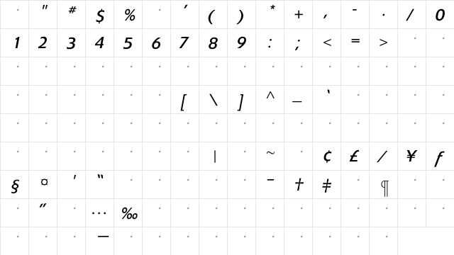 ExtensionBookItalicTab Regular  glyph index