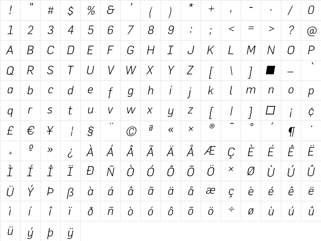 FlamaLight Italic  glyph index