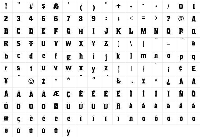 Alcazar Regular  glyph index