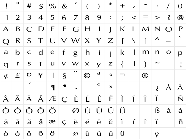 Optima Wd Regular  glyph index