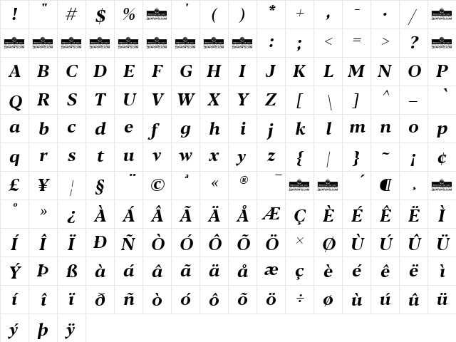 Blacker Text Bold Italic  glyph index