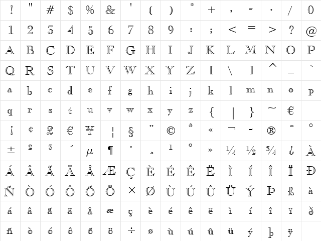 CaslonOpnface BT Regular  glyph index