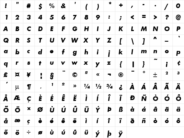 Futura T Bold Oblique  glyph index