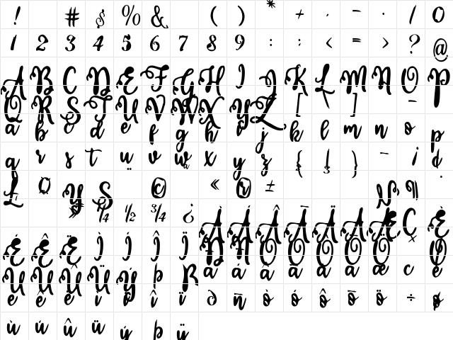 Calligraphy Stye Regular  glyph index