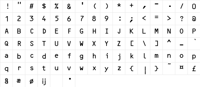 WASP OCR B Regular  glyph index
