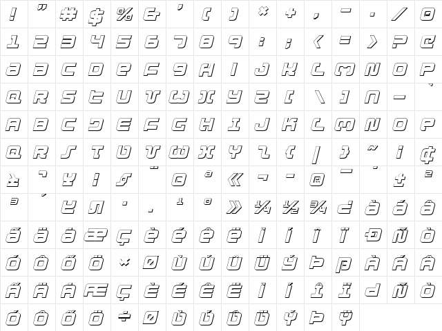 Exedore 3D Italic Italic  glyph index