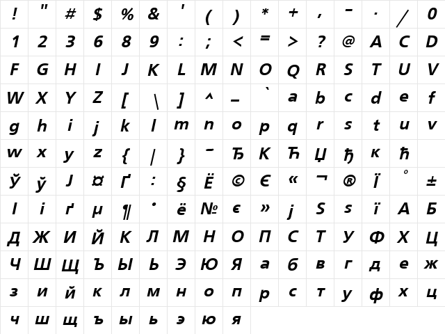 UkrainianFreeSet BoldItalic  glyph index