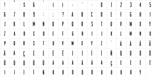 OdeonCondensedRegular Regular  glyph index